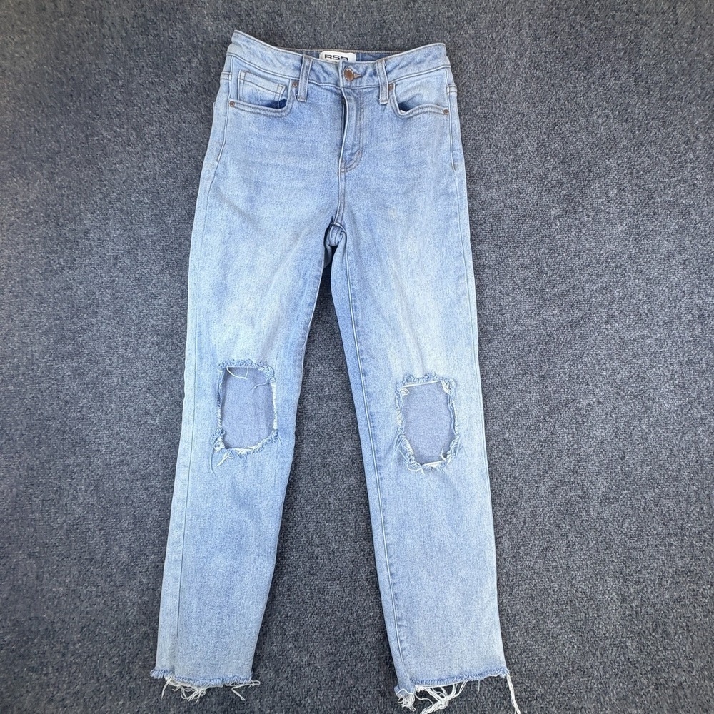 RSQ Jeans Womens 26x26 Blue Denim Distressed‎ High Rise Raw Hem Straight Leg